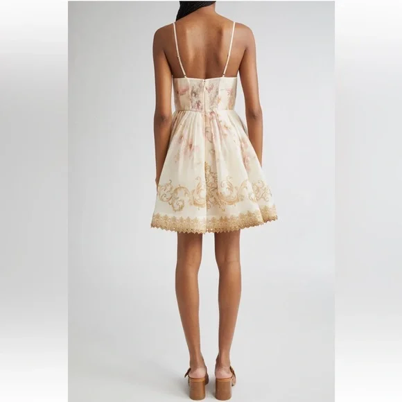 Zimmermann Hypnotic Plunge Neck Linen Silk Minidress In Cream Peony AU 3 US 10 - Picture 5 of 16